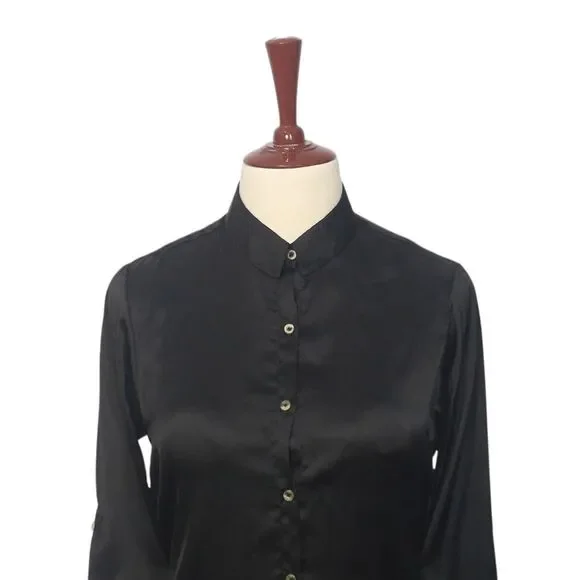 Womens Silky Satin Shirt Black Blouse Button Up Casual Dressy Top Medium Work - Picture 3 of 7